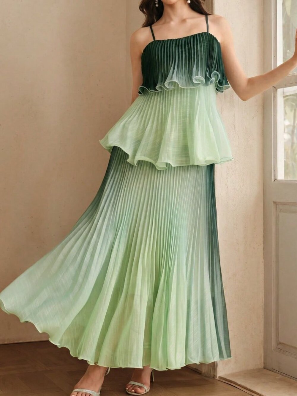 Women's Party Multicolor Gradient Ruffle Spaghetti Strap Dress - Picture 4 of 8